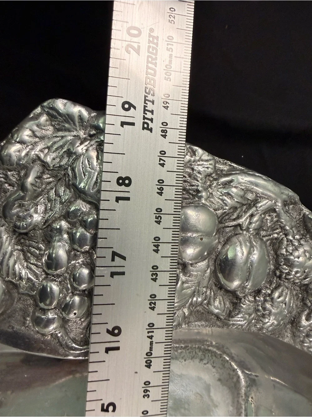 Vintage Rectangular Pewter Serving Tray with Ornate Fruit Motif Handles